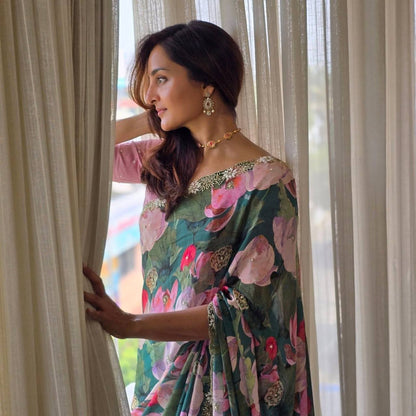 Garden Muse floral handwork Jewel Cut Draped Saree