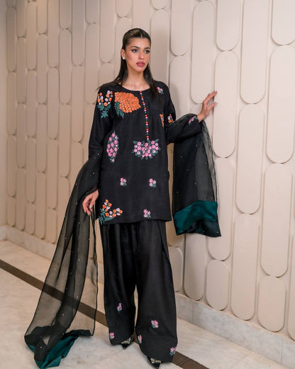 Zehra Colorful Blossom Embroidery & Flowy Grace Designer Black Kurta Set