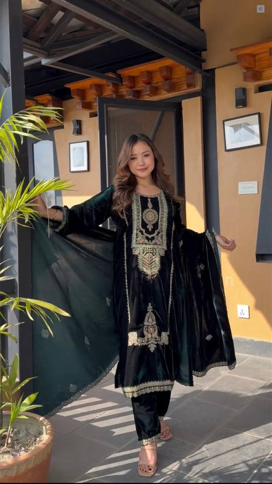 Green Color  Embroidered Pure Velvet Suit Set