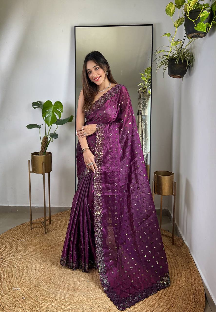 Designer Embroidered  Soft Geemichu Silk Saree