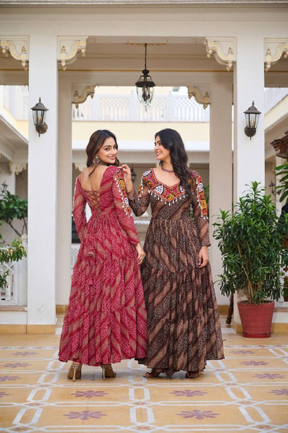 Bandhani Dreams and Mirror Gleams Gamathi Work Gown
