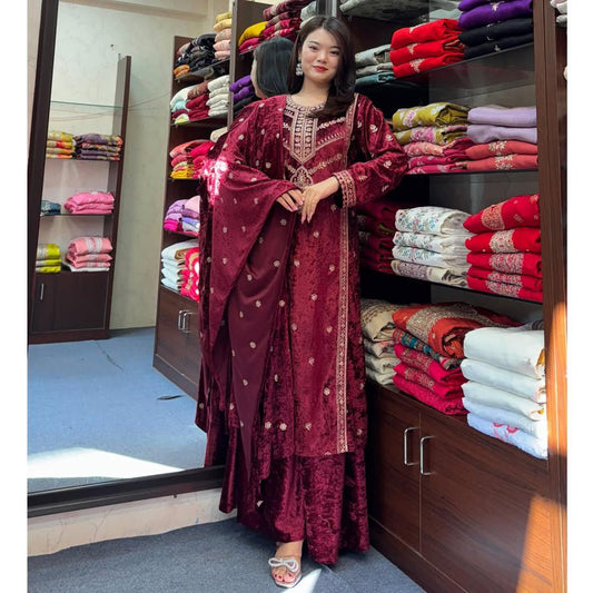 Royal Maroon Designer Wear Velvet Suit Set