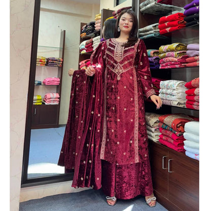Royal Maroon Designer Wear Velvet Suit Set