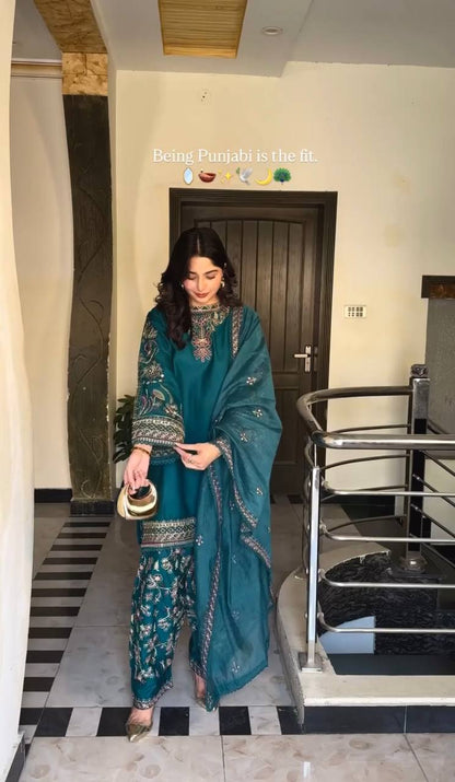 Simran Teal Punjabi Elegant Hand Embroidery Dhoti  Set
