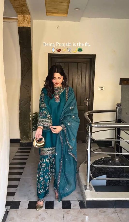 Simran Teal Punjabi Elegant Hand Embroidery Dhoti  Set