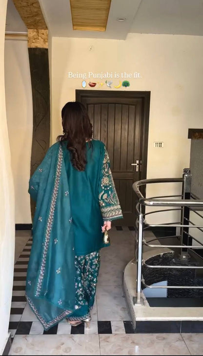 Simran Teal Punjabi Elegant Hand Embroidery Dhoti  Set