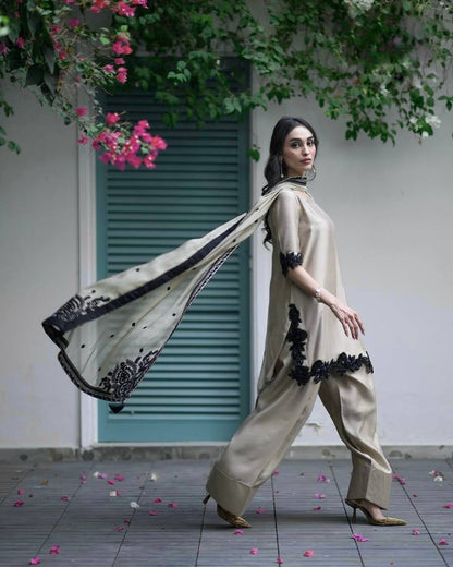 Designer Golden Sheen with Floral Embroidery Farshi Suit