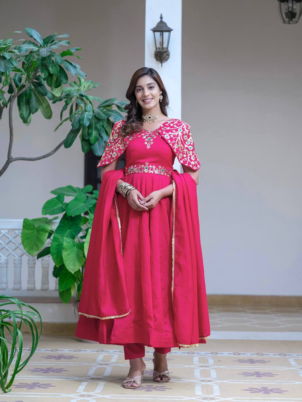 Regal Elegance in Red Color Anarkali Suit Set