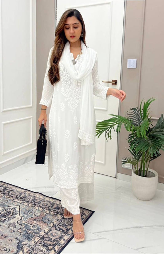 Snow Bloom Embroidered White Classic Top Plazzo Set