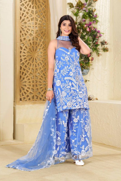 Liora Mint Pastel Botanical White Thread Motifs and Floating Dupatta