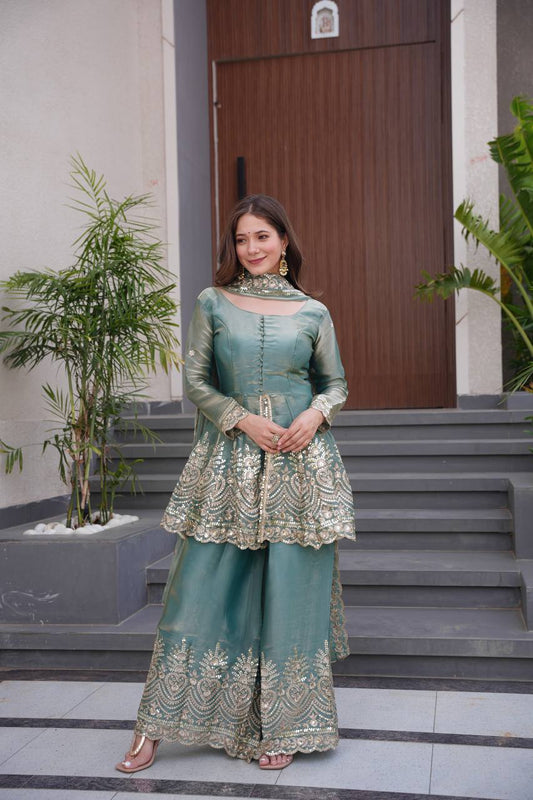 Tara Twilight Bloom Lustrous Green Sharara Gown