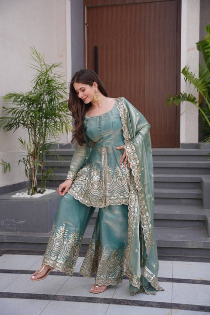 Tara Twilight Bloom Lustrous Green Sharara Gown