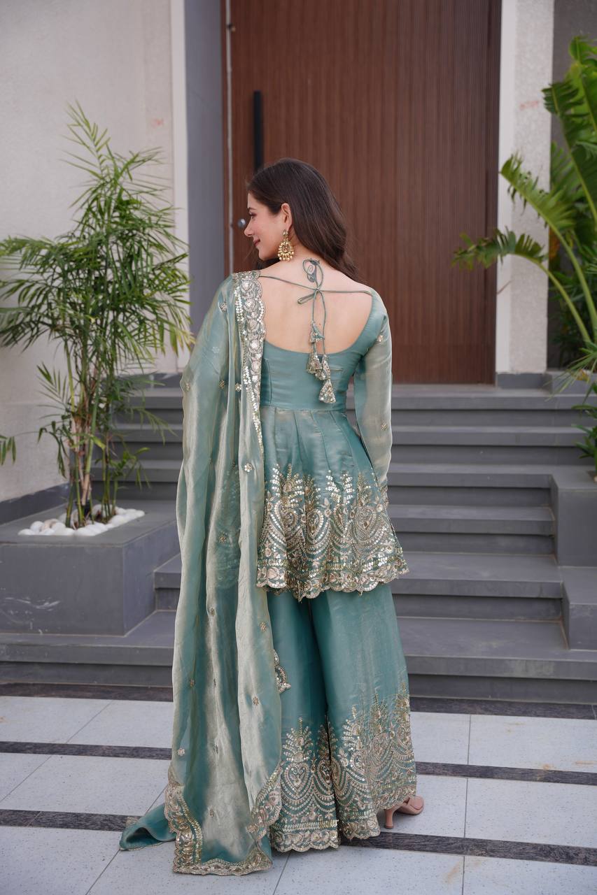 Tara Twilight Bloom Lustrous Green Sharara Gown