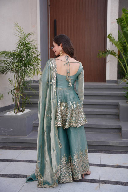 Tara Twilight Bloom Lustrous Green Sharara Gown