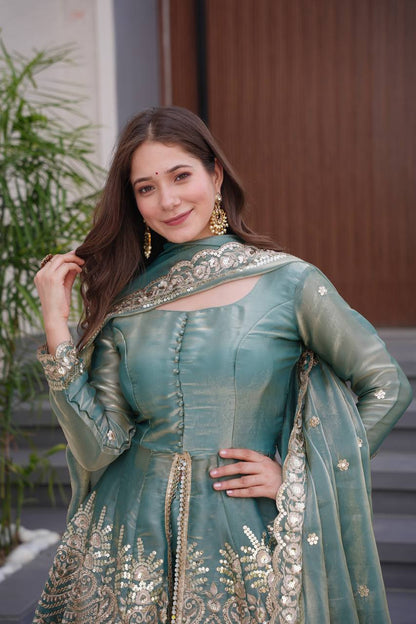 Tara Twilight Bloom Lustrous Green Sharara Gown