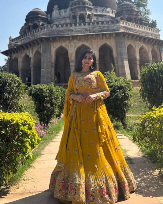 Sunshine Mustard & Ruby Red Floral Embroidered Lehenga Choli Set