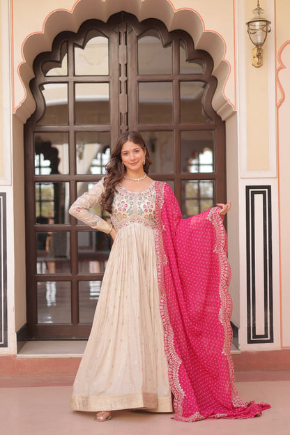 Navrang Elegance Cosmos Jequard With Bandhani Printed Embroidered Cut work Gown