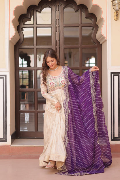 Navrang Elegance Cosmos Jequard With Bandhani Printed Embroidered Cut work Gown
