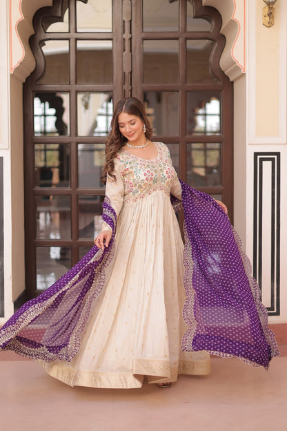 Navrang Elegance Cosmos Jequard With Bandhani Printed Embroidered Cut work Gown