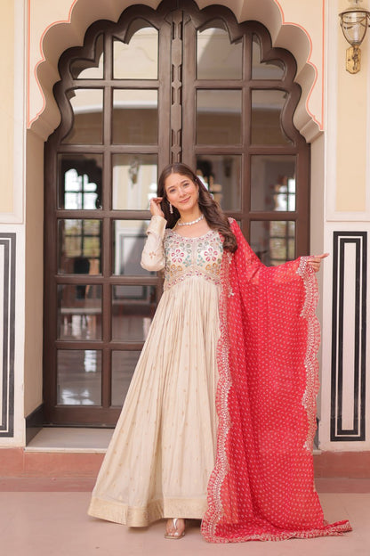Navrang Elegance Cosmos Jequard With Bandhani Printed Embroidered Cut work Gown