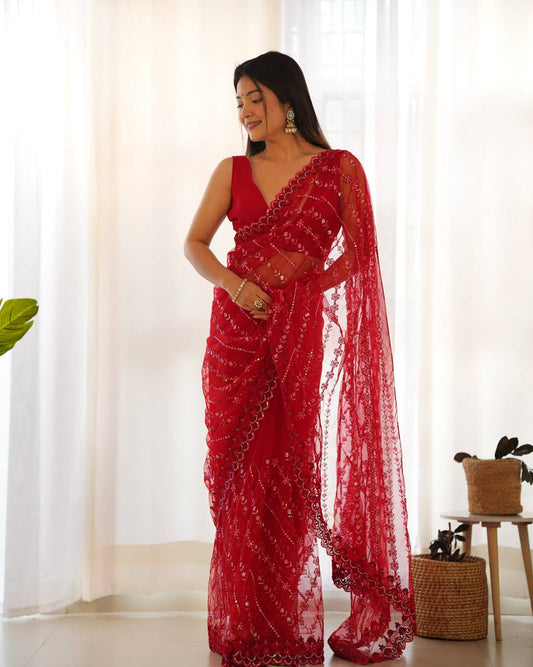 Radiant Bloom Timeless Red Net Saree