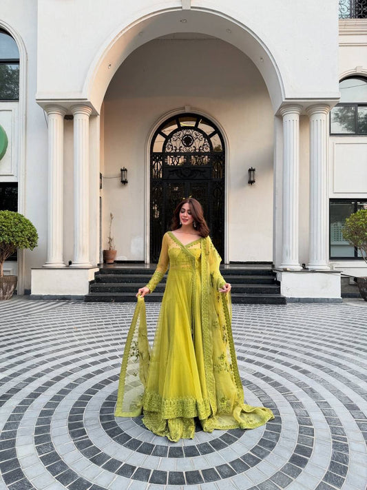 Zariah  Luxe Lime Heritage Embroidery & Net Dupatta Anarkali Set