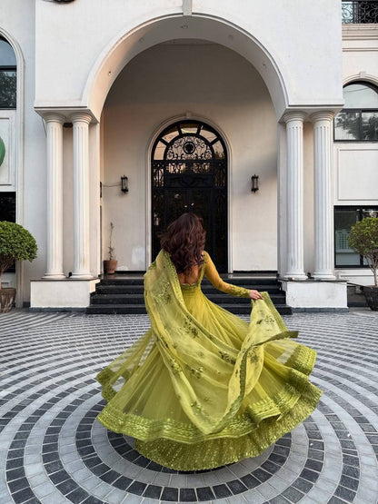 Zariah  Luxe Lime Heritage Embroidery & Net Dupatta Anarkali Set