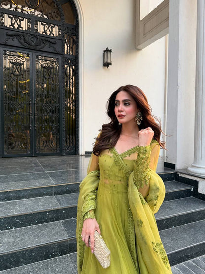 Zariah  Luxe Lime Heritage Embroidery & Net Dupatta Anarkali Set