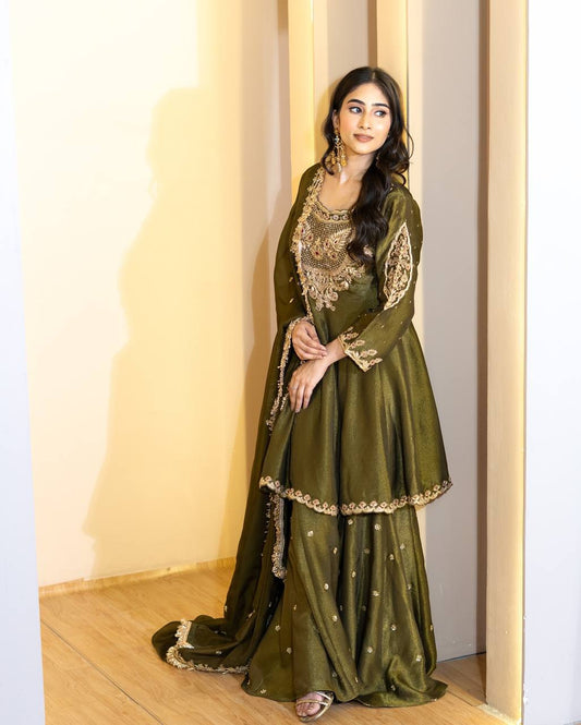Zehreen Majesty Olive Zari Elegance in Royal Mughal Charm Sharara Set