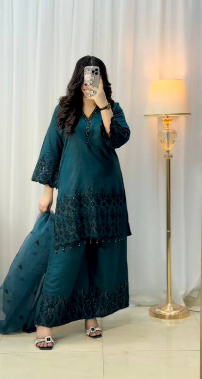 New Designer Ready To Wear Vichitra Silk Top Bottom And Dupatta Set