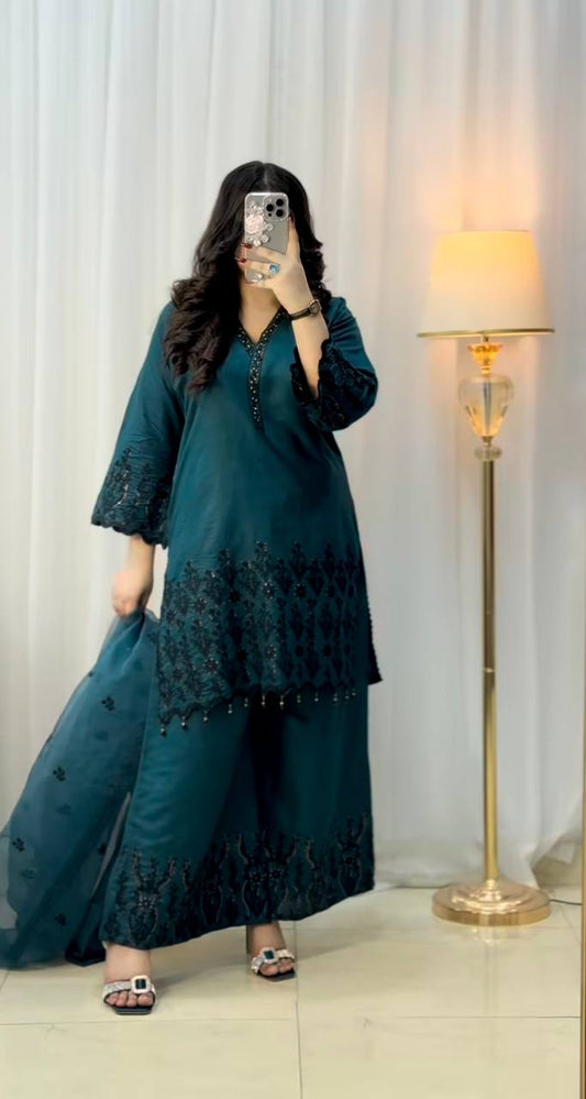 New Designer Ready To Wear Vichitra Silk Top Bottom And Dupatta Set