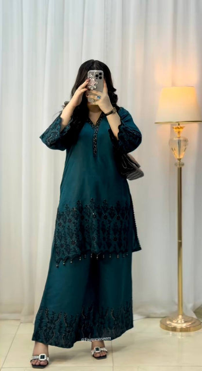 New Designer Ready To Wear Vichitra Silk Top Bottom And Dupatta Set