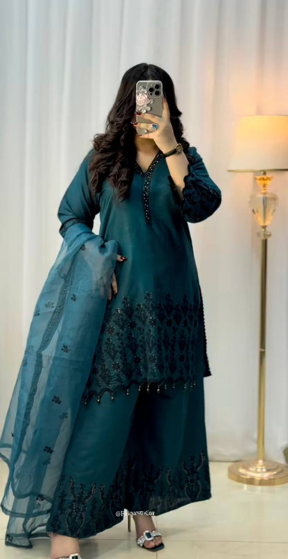 New Designer Ready To Wear Vichitra Silk Top Bottom And Dupatta Set