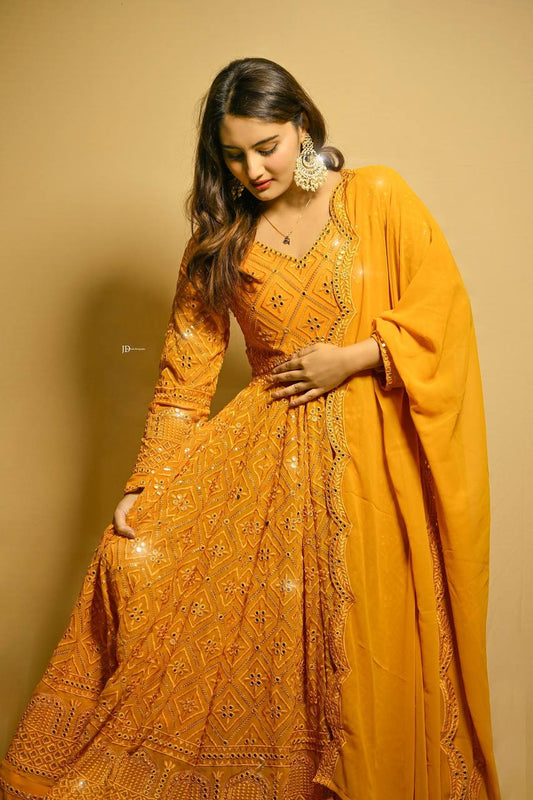 Sunlit Glam Mustard Mirror Magic Anarkali Suit Set