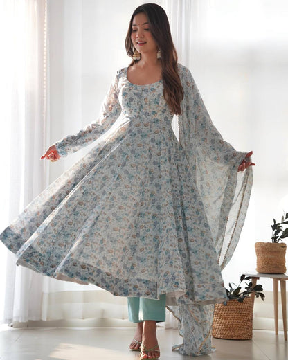 Pure Orange Chiffon Floral Print  Fully Flair Anarkali