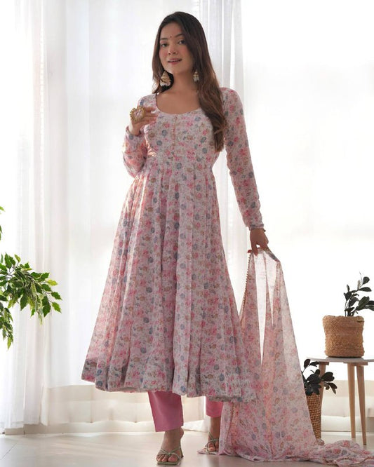 Pure Orange Chiffon Floral Print  Fully Flair Anarkali