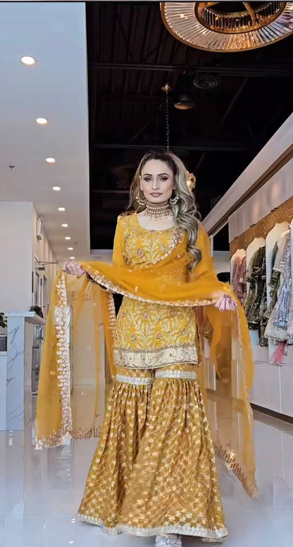 Zarmina Charm Mustard Embroidered Short Kurta with Heavily Flared Patiala