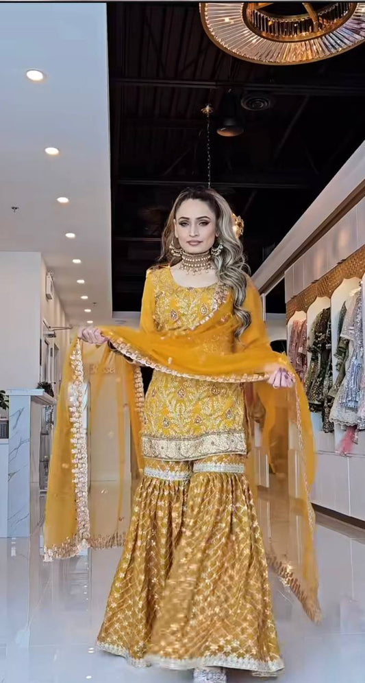 Zarmina Charm Mustard Embroidered Short Kurta with Heavily Flared Patiala
