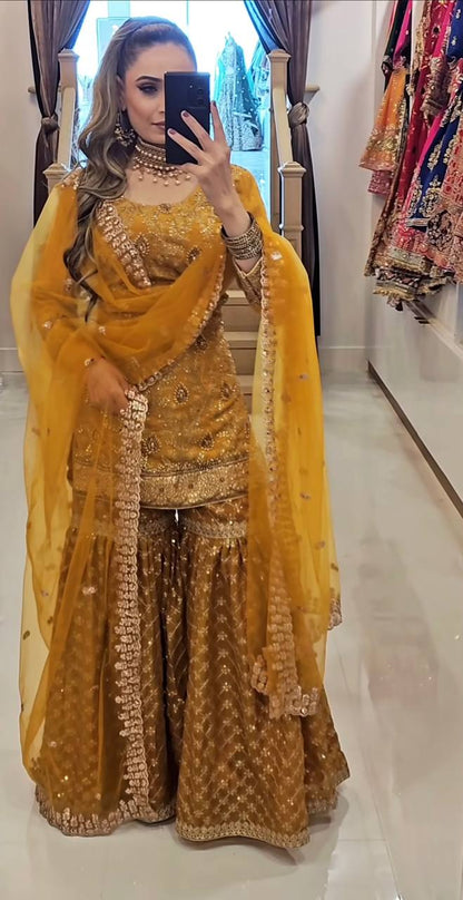 Zarmina Charm Mustard Embroidered Short Kurta with Heavily Flared Patiala