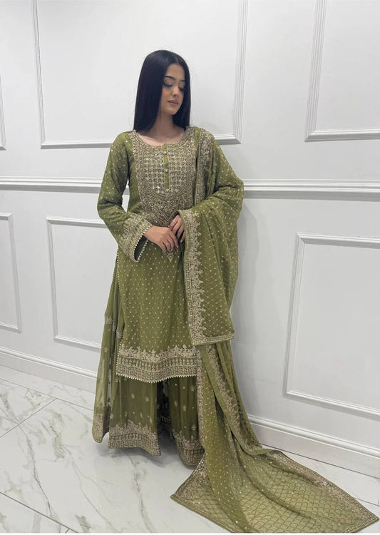 Gulnaar Olive Classic Charm  Regal Olive Green Sharara Set