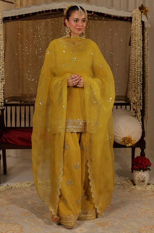 Noor-E-Mustard  Embroidered Sharara Suit with Organza Dupatta