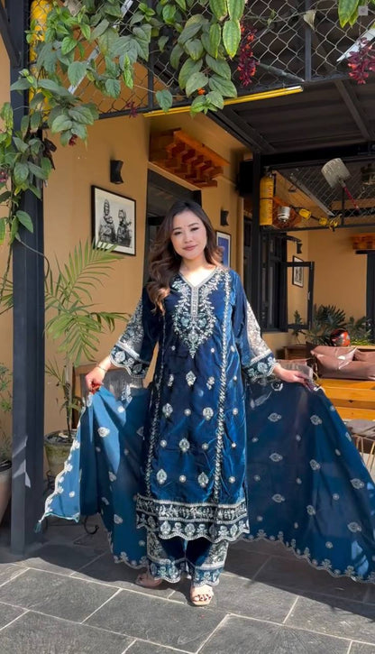 Samiksha Blue  New Designer Party Wear Look Top & Dupatta Suit Set