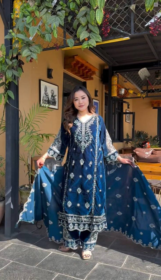 Samiksha Blue  New Designer Party Wear Look Top & Dupatta Suit Set