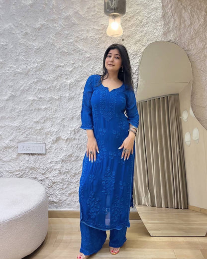 Blue Blossom Grace Thread Embroidered Kurta Set