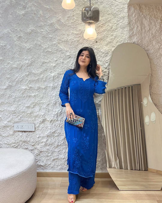 Blue Blossom Grace Thread Embroidered Kurta Set
