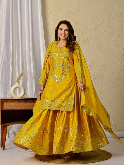 Festive Glow Tradition Designer Yellow Sharara  Kurti Set