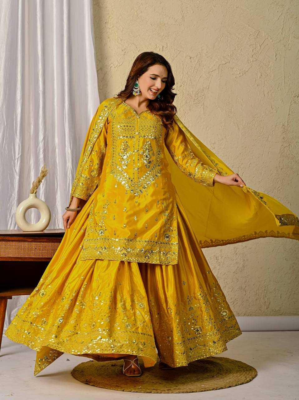 Festive Glow Tradition Designer Yellow Sharara  Kurti Set