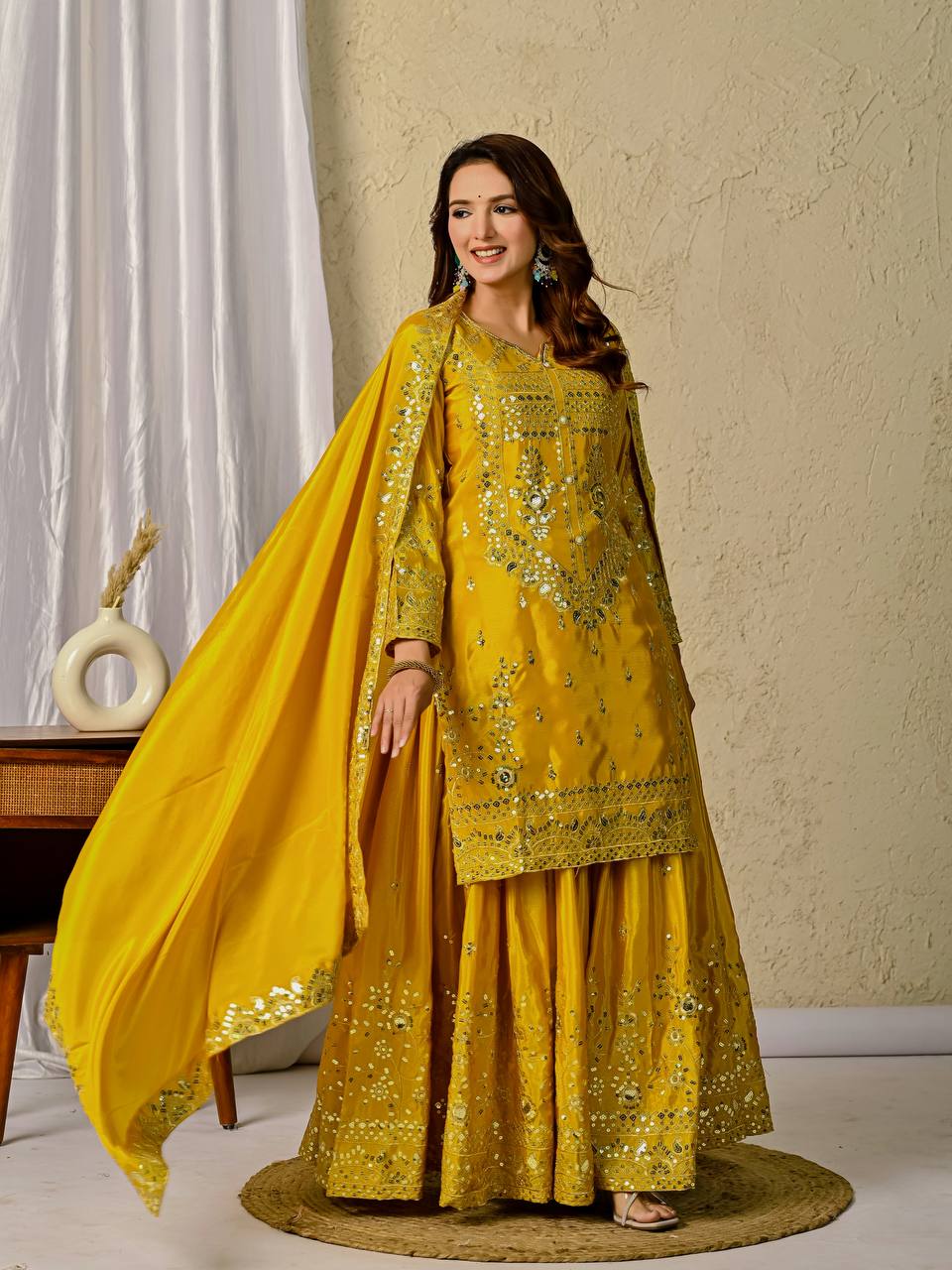 Festive Glow Tradition Designer Yellow Sharara  Kurti Set