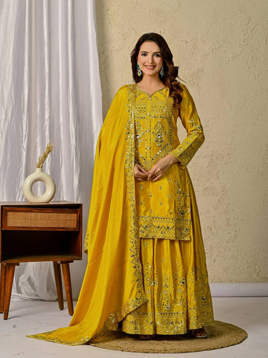 Festive Glow Tradition Designer Yellow Sharara  Kurti Set