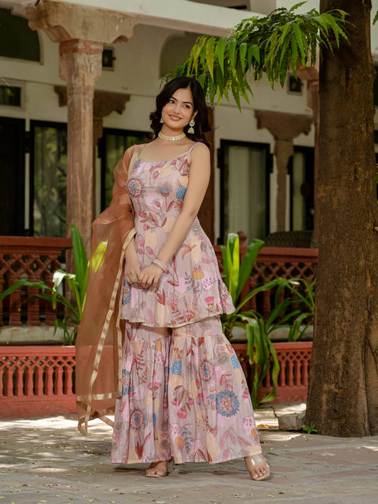 Blush Garden Bloom Sharara Set with Net Dupatta